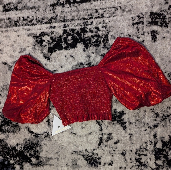 Love Triangle Milk Maid Crop Top Red Sparkle Balloon Sleeve Womens 6 NWT Ruching - Picture 5 of 7